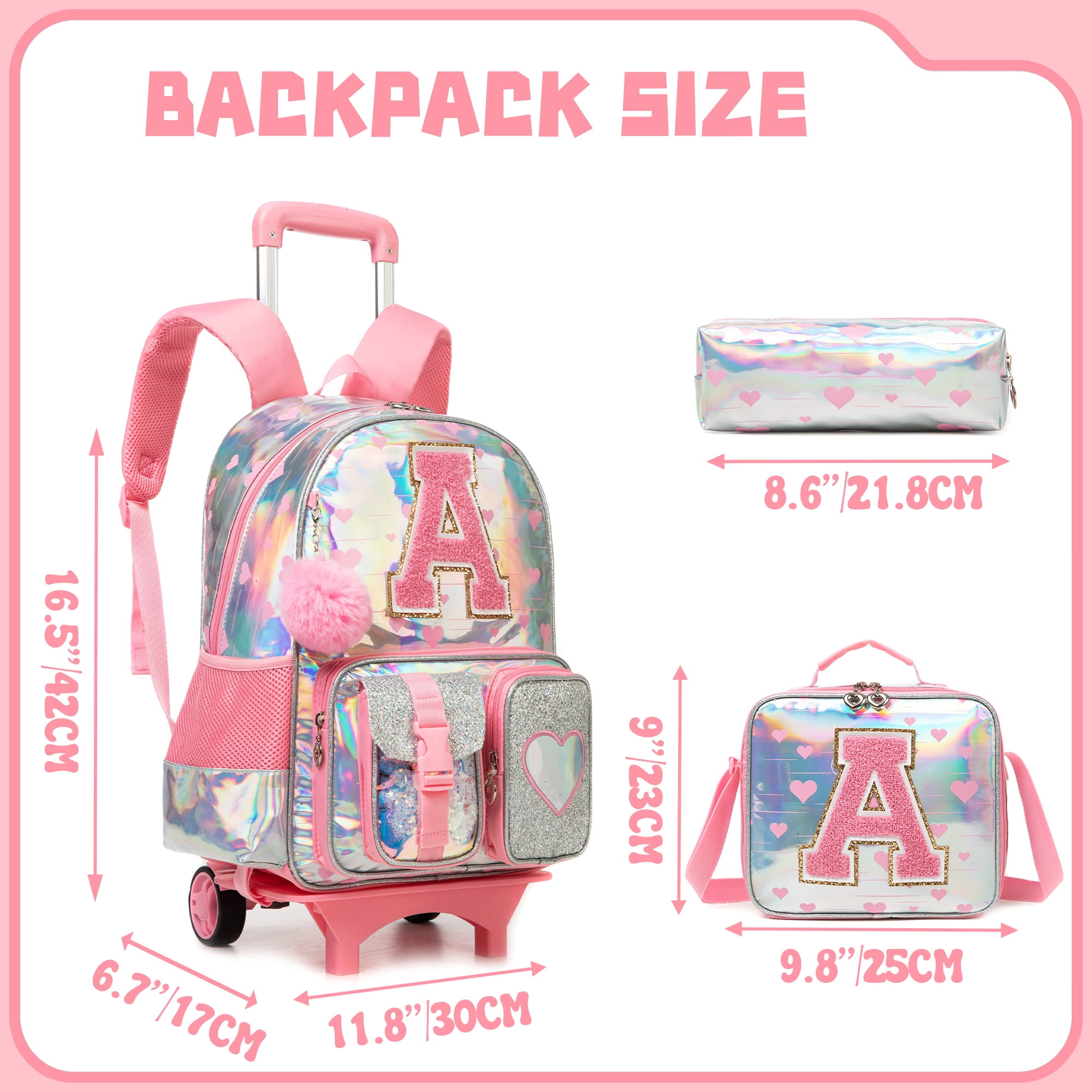 Kids Rolling Backpack with Wheels for Girls Pink Backpacks for School Elementary Student Wheeled Bookbag with Lunch Box Pencil Case
