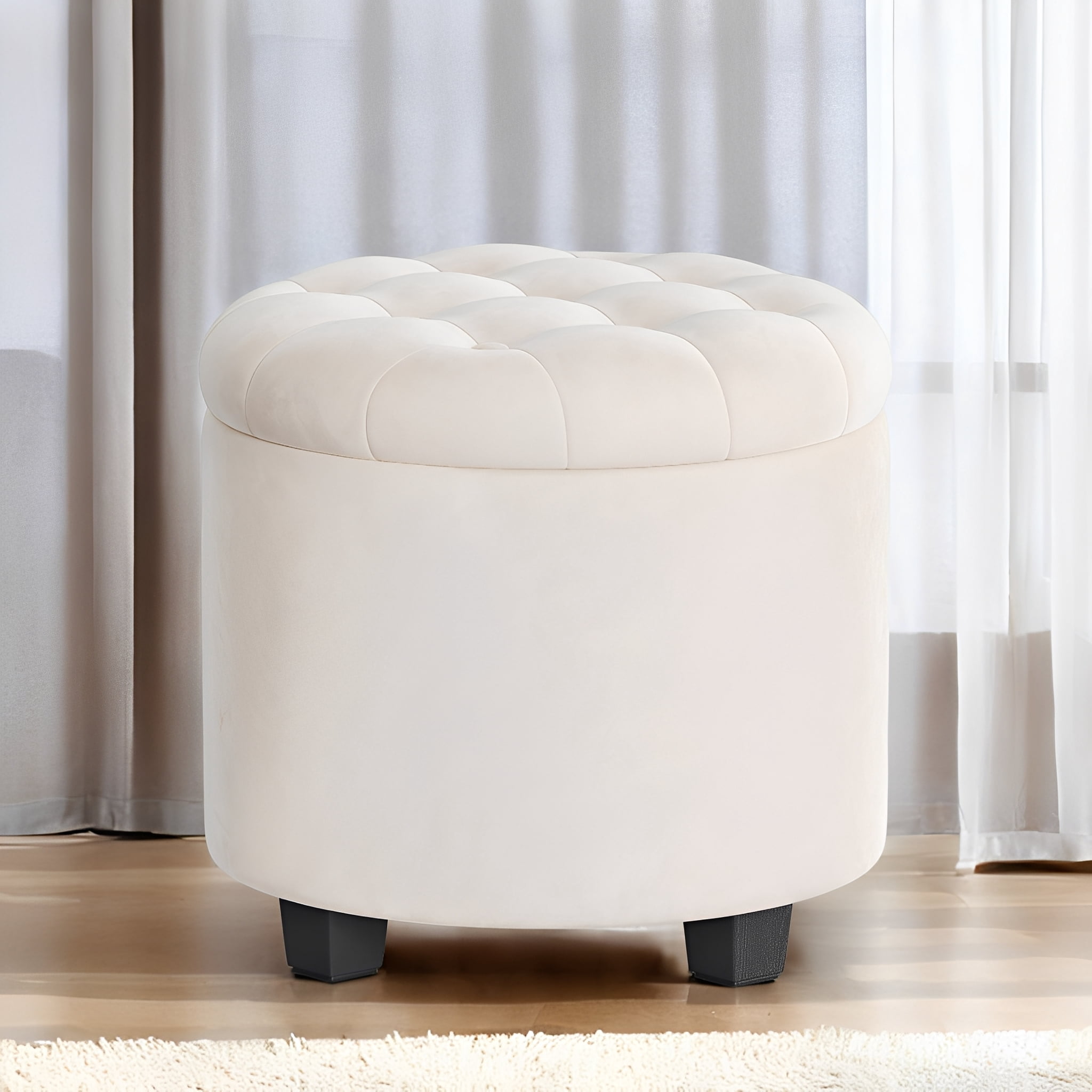 LEDREM Round Velvet Storage Ottoman - 17.7" Foot Rest Stool with Hidden Compartment, 330lb Capacity, for Living Room, Bedroom, Dorm, Cream White