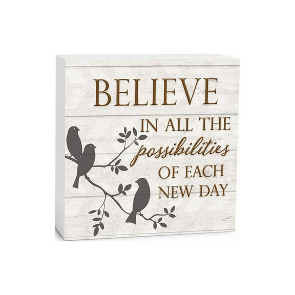 Believe Possibilities White Branch Bird 5 x 5 Wood Tabletop Sign Plaque