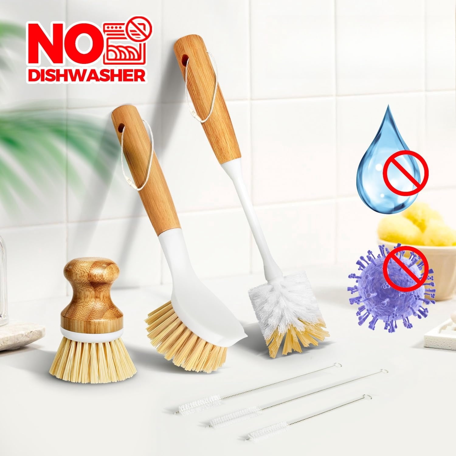6 Pack Dish Brush Scouring Pad Set with Bottle Brush, Dish Brush, Palm Scrub Brush and Straw Brush, Dish Scrubber Long Handle for Dish Bottle Cup Skillet Wok Pot Pan Cast Iron, Yellow