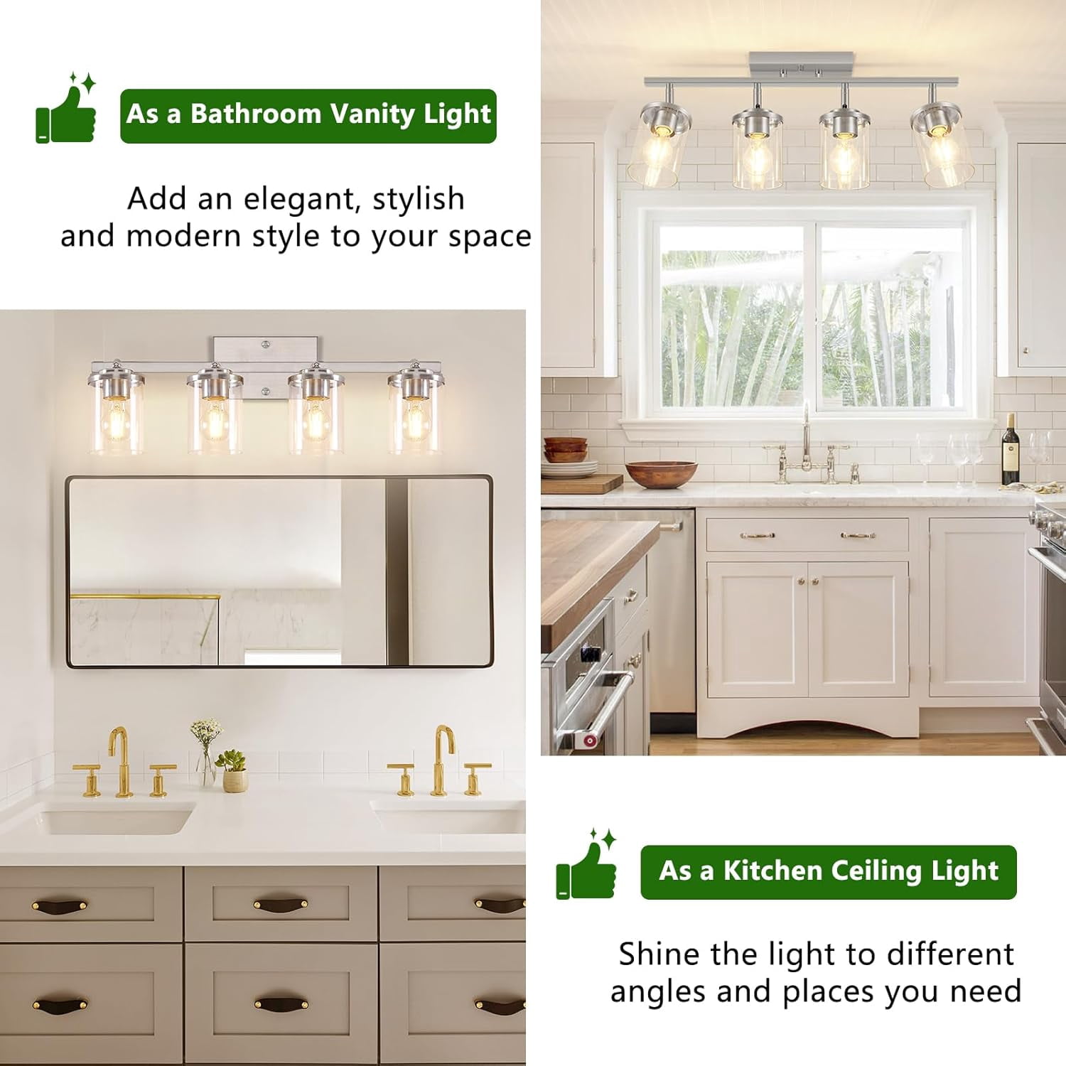 4-Light Brushed Nickel Track Lighting Kit with Clear Glass, Modern Track Light Fixtures Flush Ceiling Mounted, Tracking Vanity Lighting Rotatable Spotlight for Kitchen Bathroom