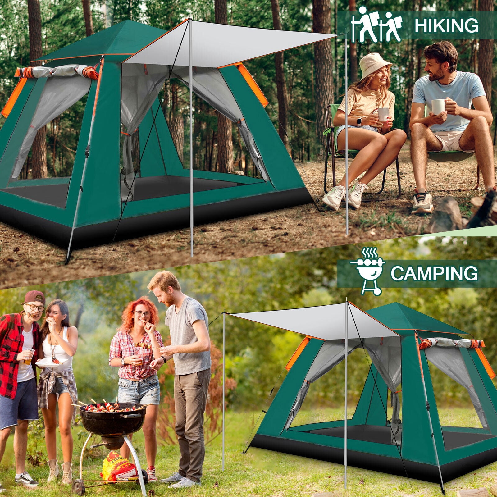 SHANNA Instant Camping Tent Portable Large Pop Up Tent 3-4 Person Dome Family Hexagon Tents Pop up Sun Shade Tent for Outdoor Camping Hiking, Dark Geen Tent + Red Hammock
