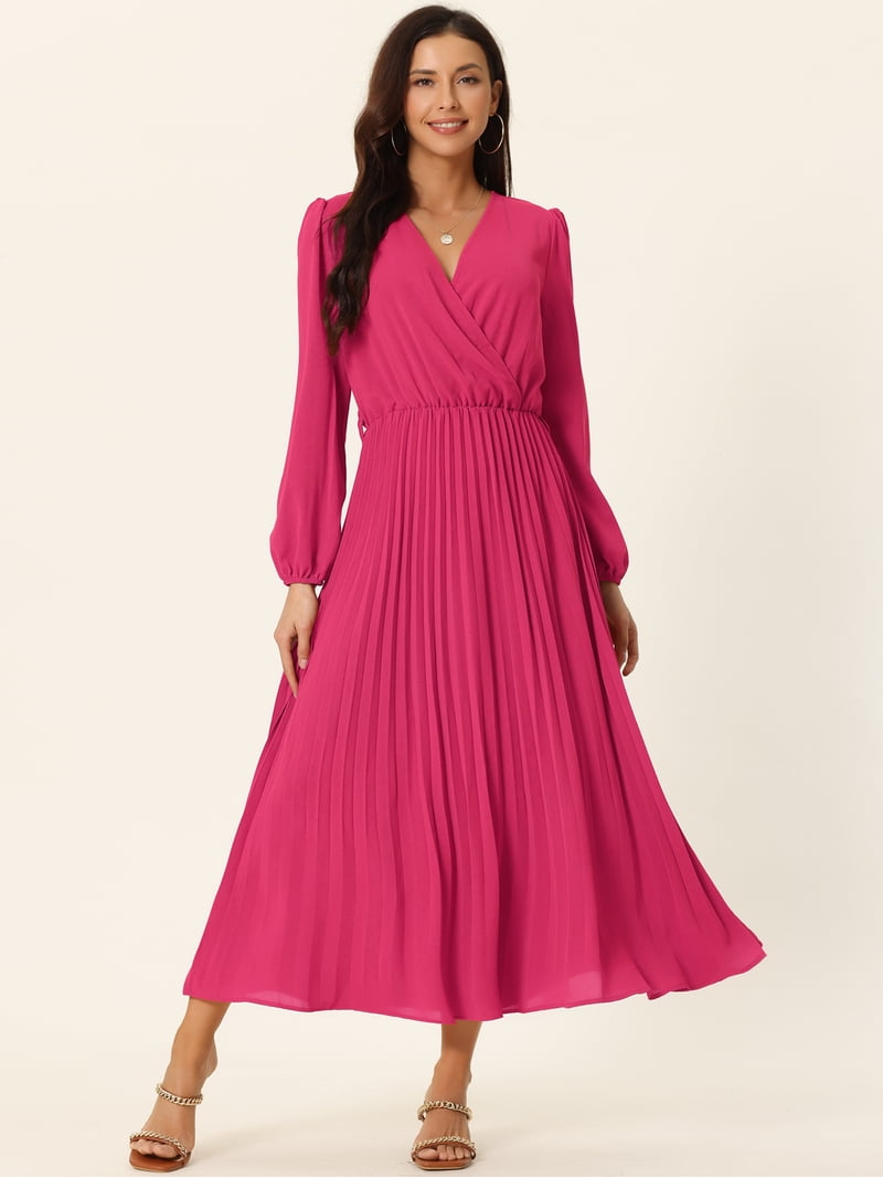 Unique Bargains Women's Long Puff Sleeve Flowy Ruffle Pleated Dress with  Belt S Hot Pink