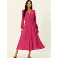 thumbnail image 2 of Unique Bargains Women's Long Puff Sleeve Flowy Ruffle Pleated Dress with Belt S Hot Pink, 2 of 6