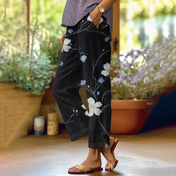 SwiftWear Women's Floral Linen-Look Lounge Pants with Split-Hem, Relaxed Fit Wide Leg Trousers Boho Casual Pants S-2XL