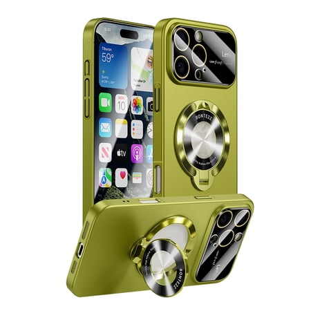 ShellTech for iPhone 14 Hard PC Magnetic Case,Large Window Phone Case Leak Label with Ring 360°Ring Holder Stand,Frosted Durable Slim Shockproof Cover Camera Lens Protection,Green