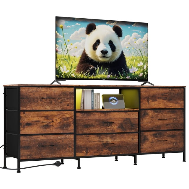 Yeshouse Mueble para TV de 63" con 8 cajones de tela e iluminación LED, estructura de acero y amplio almacenamiento para televisores de hasta 75", ideal para sala o dormitorio