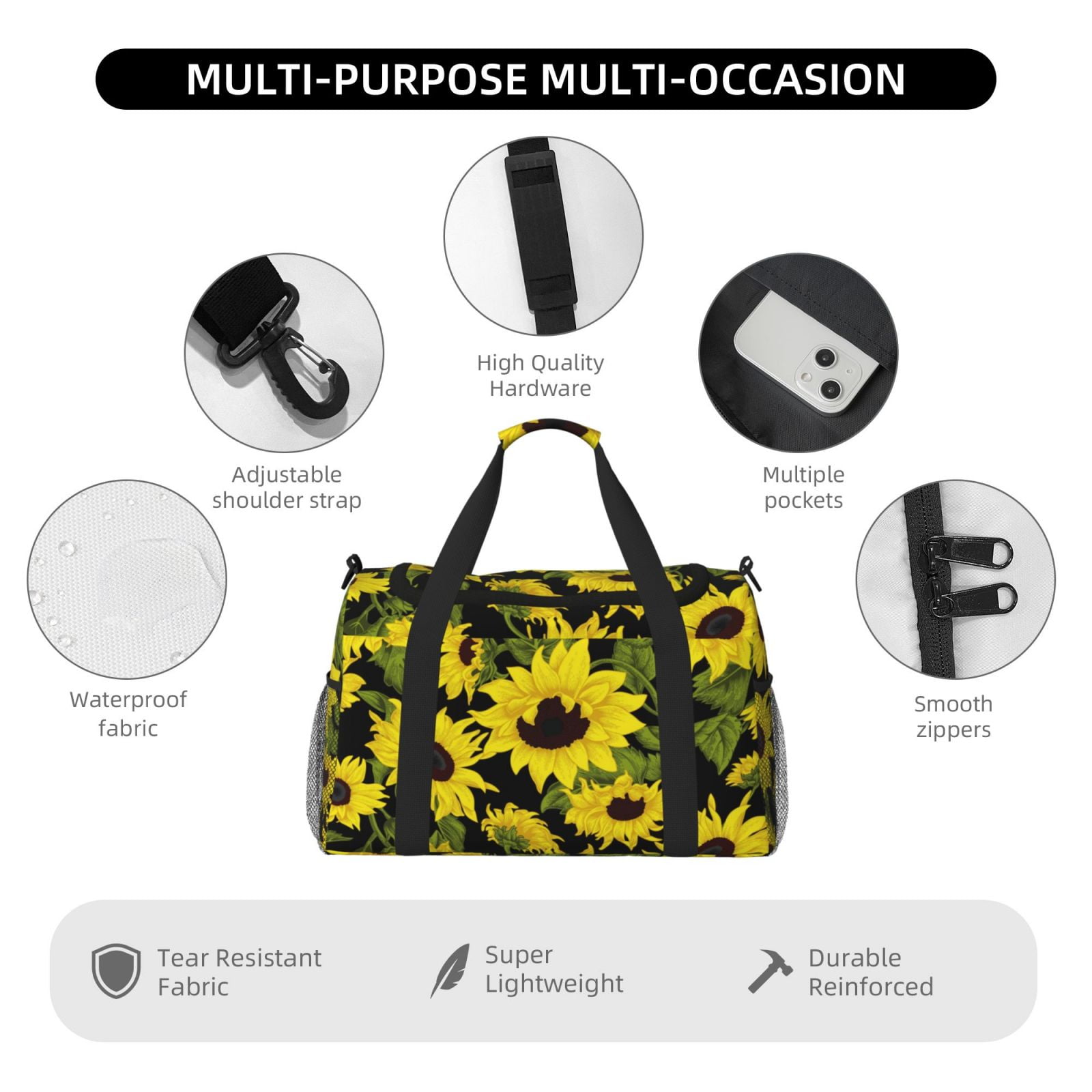 Picia Sunflowers In Vintage Print Travel Duffle Bag,Weekender Bags for Women with Shoe Compartment, Gym Duffel Bag with Wet Pocket, Hospital Bags for Labor and Delivery