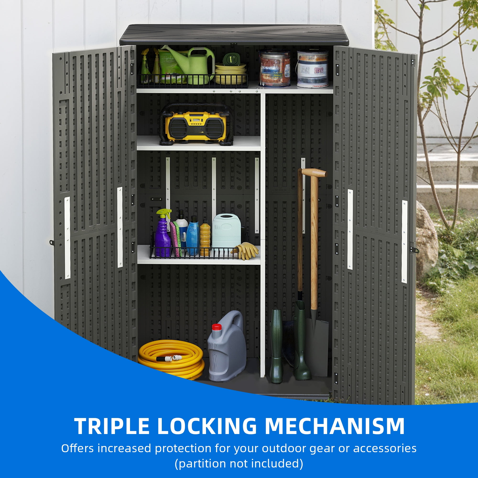 Dextrus Outdoor Vertical Storage Shed, 25 Cubic Feet without Shelving for Bicycles, Garden Tools, Garage, Poolside, Dark Gray & Black