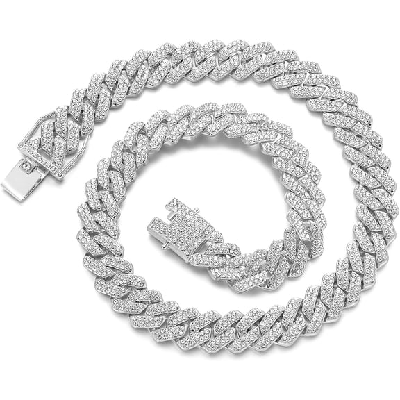 Iced Out Miami Cuban Menās Chain, Silver Tone Bling Hip Hop Necklace, Sparkly Jewelry for Daily, Party & Gifting