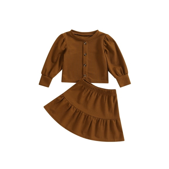 Honganda 2-7Y Kids Girls Skirt Set, Brown Long Sleeve T-shirt with Pleated A-line Skirt 2 Pcs Outfit