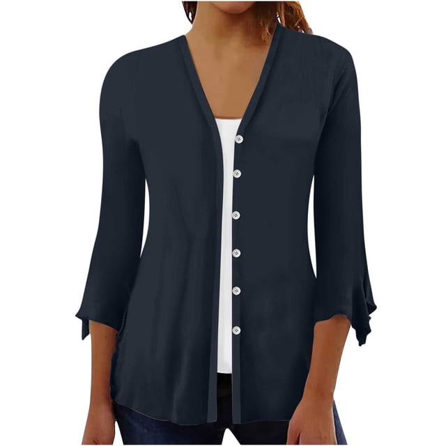 Cárdigan para mujer, estampado floral, manga abullonada, holgado, blusa, tops, manga 3/4, volantes, botones delanteros abiertos, cárdigan para mujer