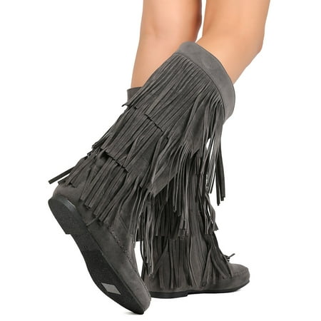 Women's Knee High Mid Calf Boots Ruched Suede Slouch Knitted Calf Buckles (Fringe, Grey 7.5)