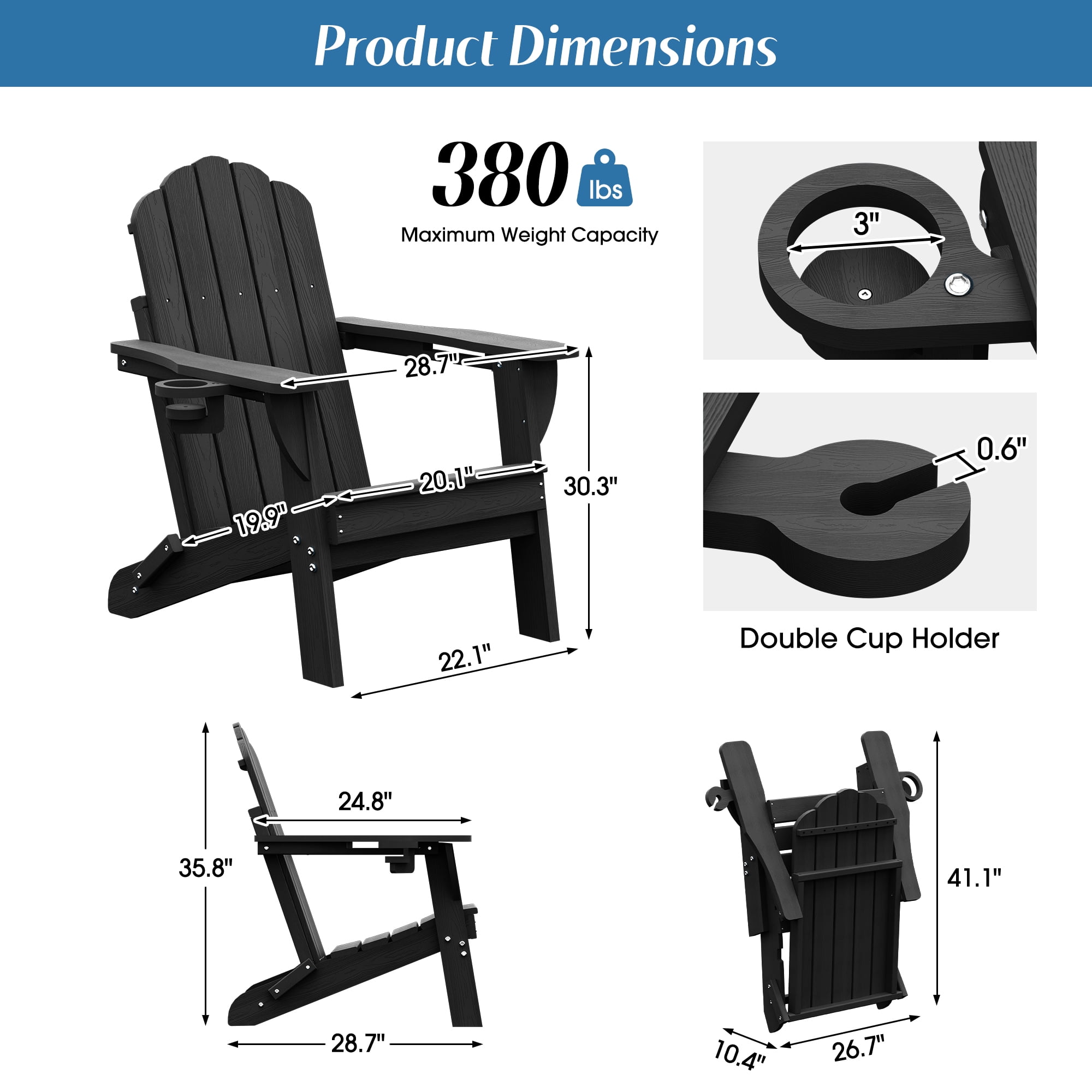 Folding Adirondack Chair, All-Weather HDPE Patio Chair with Cup Holders, Black