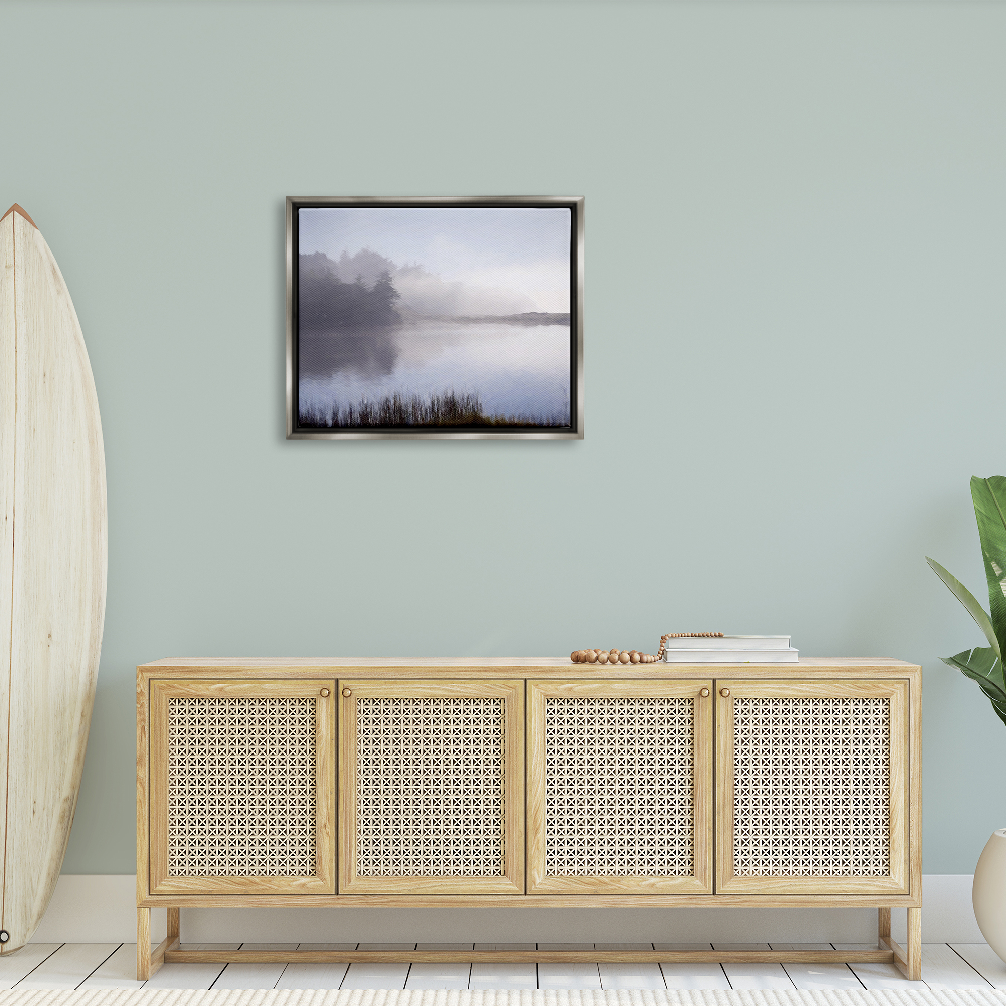 Stupell Foggy Lake Woodland Reflection Landscape Photography Gray Floater Framed Art Print Wall Art
