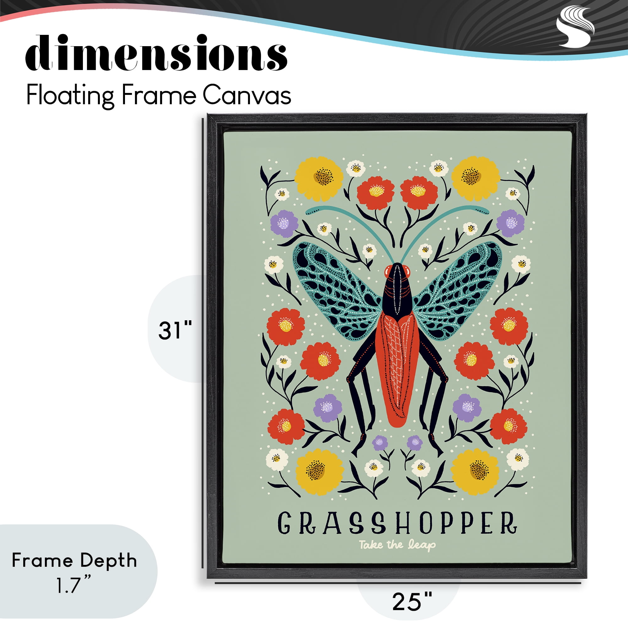 Stupell Industries Symmetrical Grasshopper with Blooms Black Framed Floater Canvas Wall Art, design by Indira Prieto | IndySign