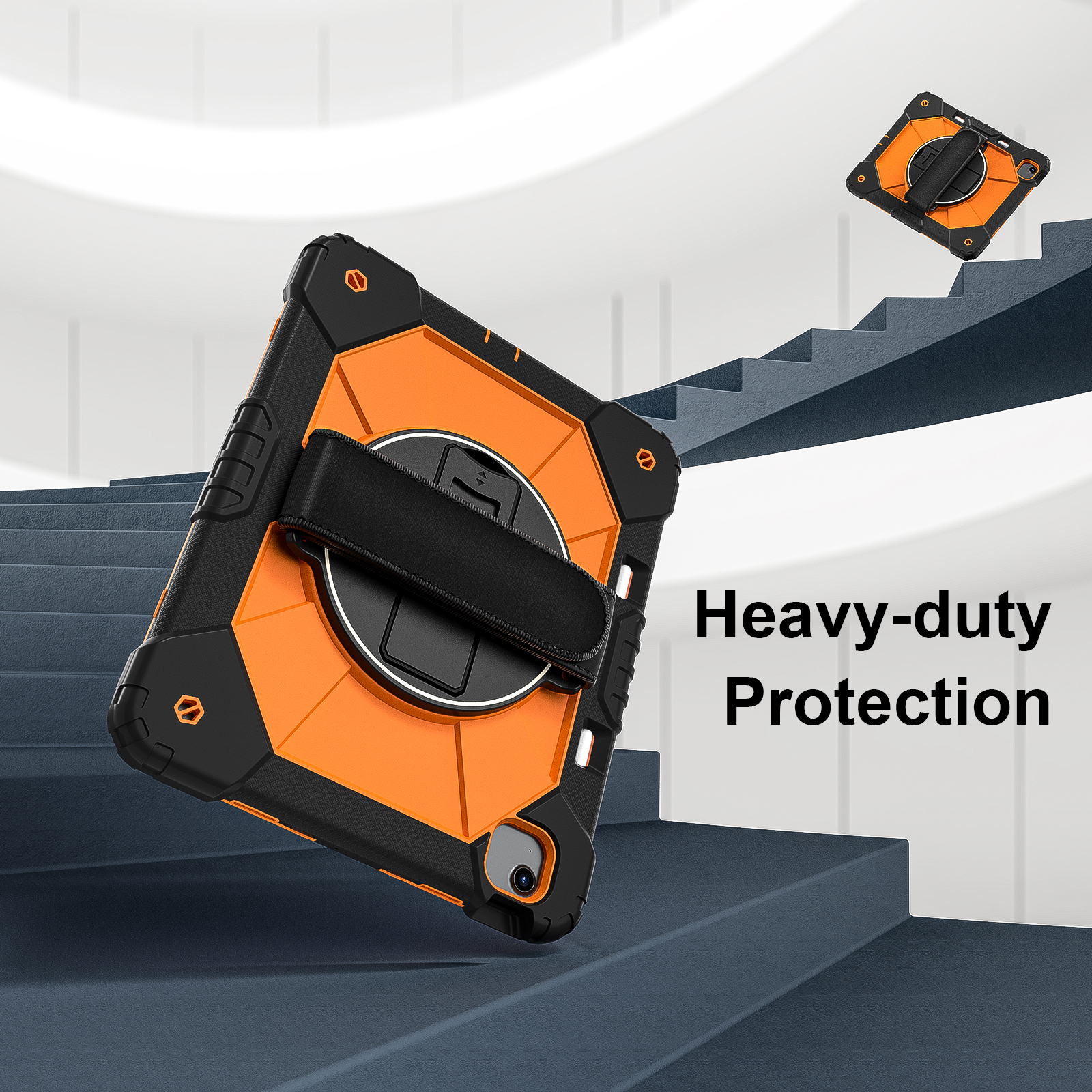 Dteck Case for iPad Air 13 inch 2025/2024 (M3/M2) with Pencil Holder, Shockproof Silicone + PC 3 Layer Protection Case Heavy Duty 360° Rotating Hand Strap Kickstand Cover,Black+Orange