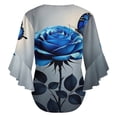 thumbnail image 6 of Romantic Blue Rose Butterfly Grey Women's V-Neck Blouse With 3/4 Ruffled Bell Sleeves Casual Top Ladies Blouses, 6 of 7