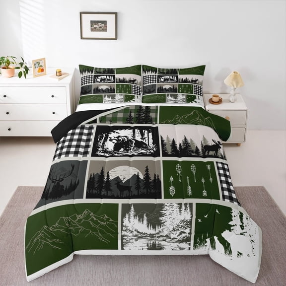 jejeloiu Wild Bear Elk Bedding Comforter Set,Woodland Animal Twin Comforter Sets,Rustic Farmhouse Cabin Bedding Set For Teens,Breathable Room Decoration Reversible,2 Pieces