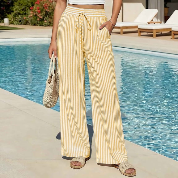 BUIGTTKLOP Womens Pants Casual Drawstring Elastic Waist Lounge Pants Striped Wide Leg Pants with Pockets