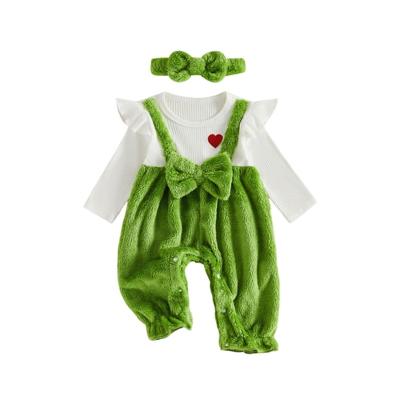 Cjfdfy Newborn Girl Christmas Fall Outfit Christmas Bow Plush Patchwork Jumpsuit Long Sleeve Ribbed Romper With Bow Headband Cute My First Christmas Fall Winter Outfit