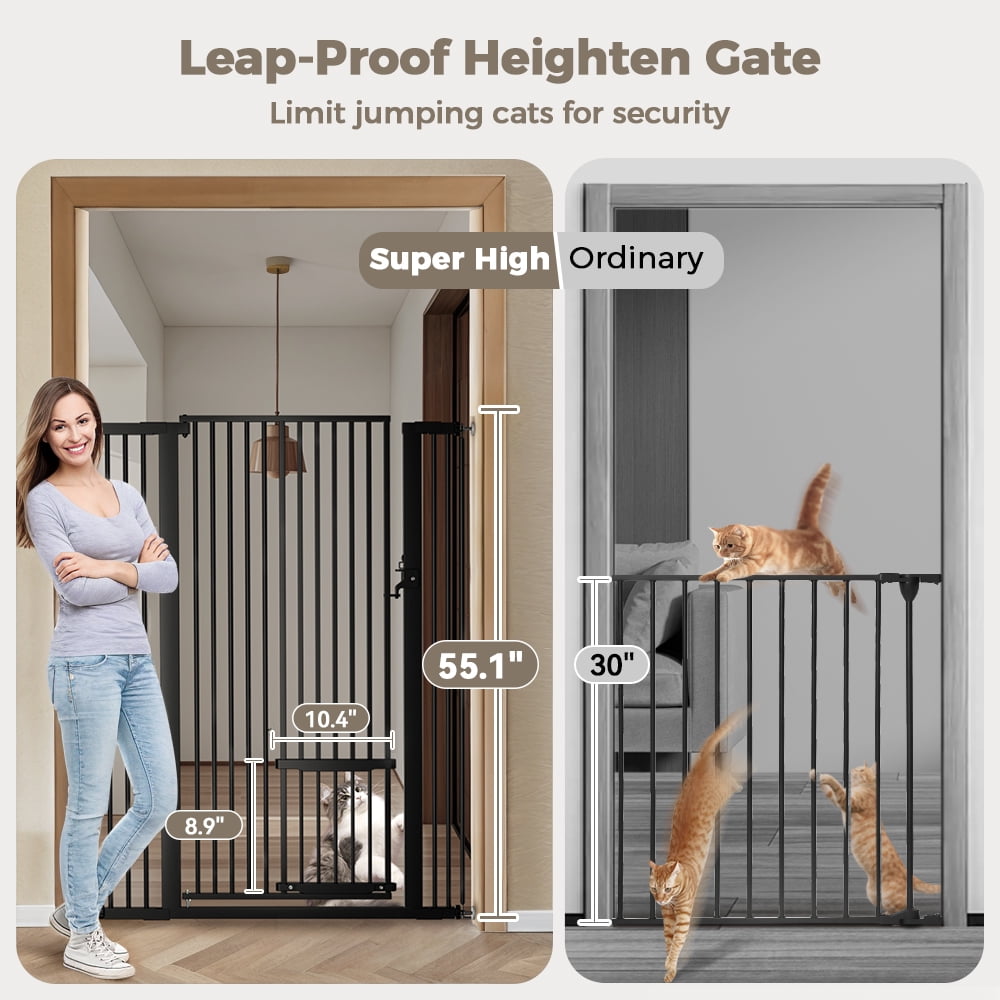 Pet Gate,Domipet 55.1 inch Extra Tall Dog Gate,29.5''-40.6''Wide with Cat Door,Pet Gate for Doorway Stairs,Black