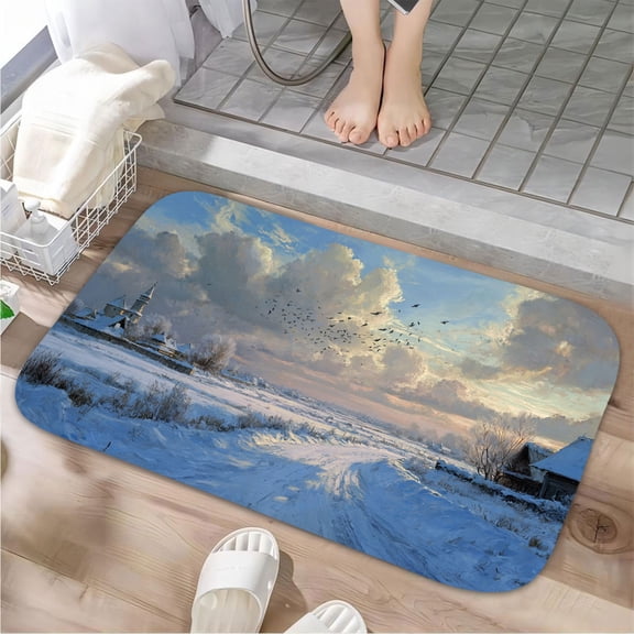 1pc Winter Village Scene Absorbent Non-Slip Bathroom Thickened Flannel Rug Decor,Soft,Quick Drying,Suitable For Indoor/outdoor Use,Bathrooms,Bedrooms,Kitchens,Terrace,Laundry Rooms,16"x24"