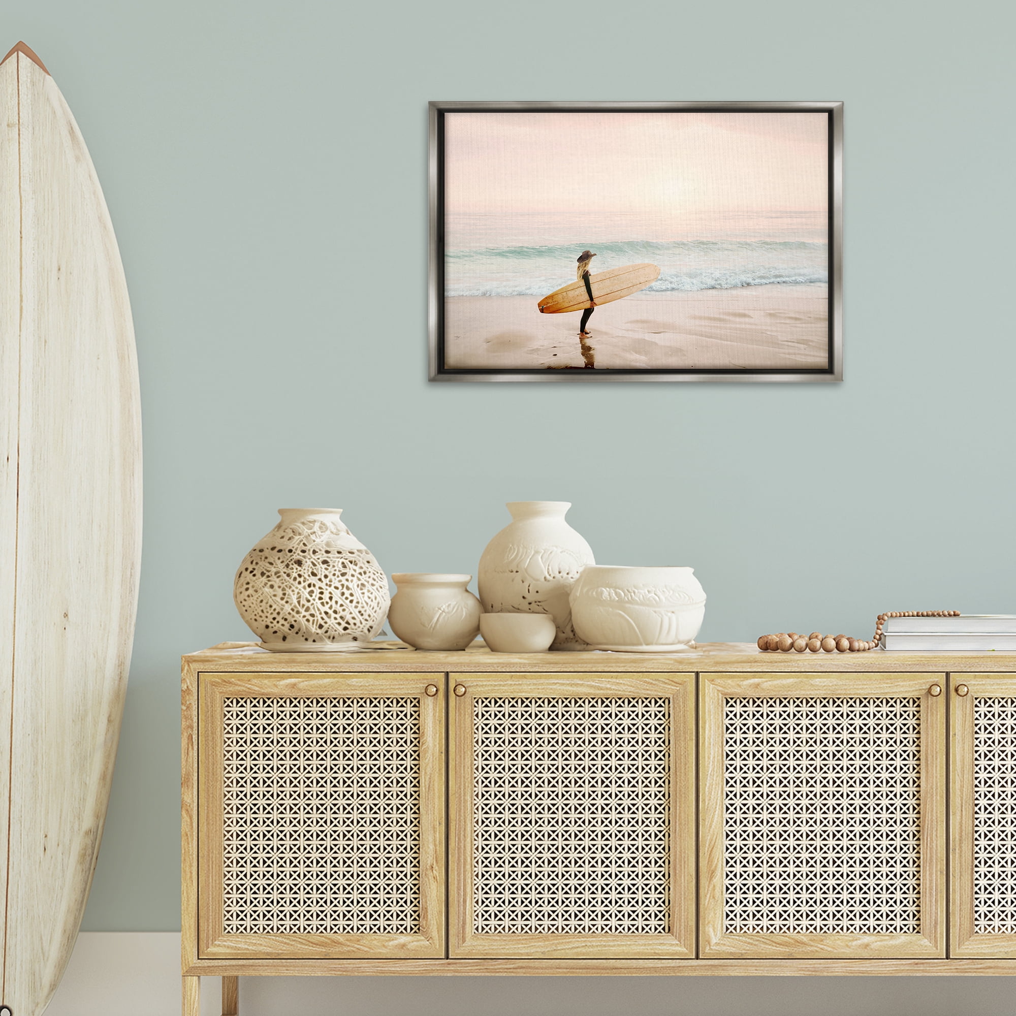 Stupell Industries Surfer Cowgirl on Beach Sports Photography Gray Floater Framed Canvas Art Print Wall Art, 31 x 21