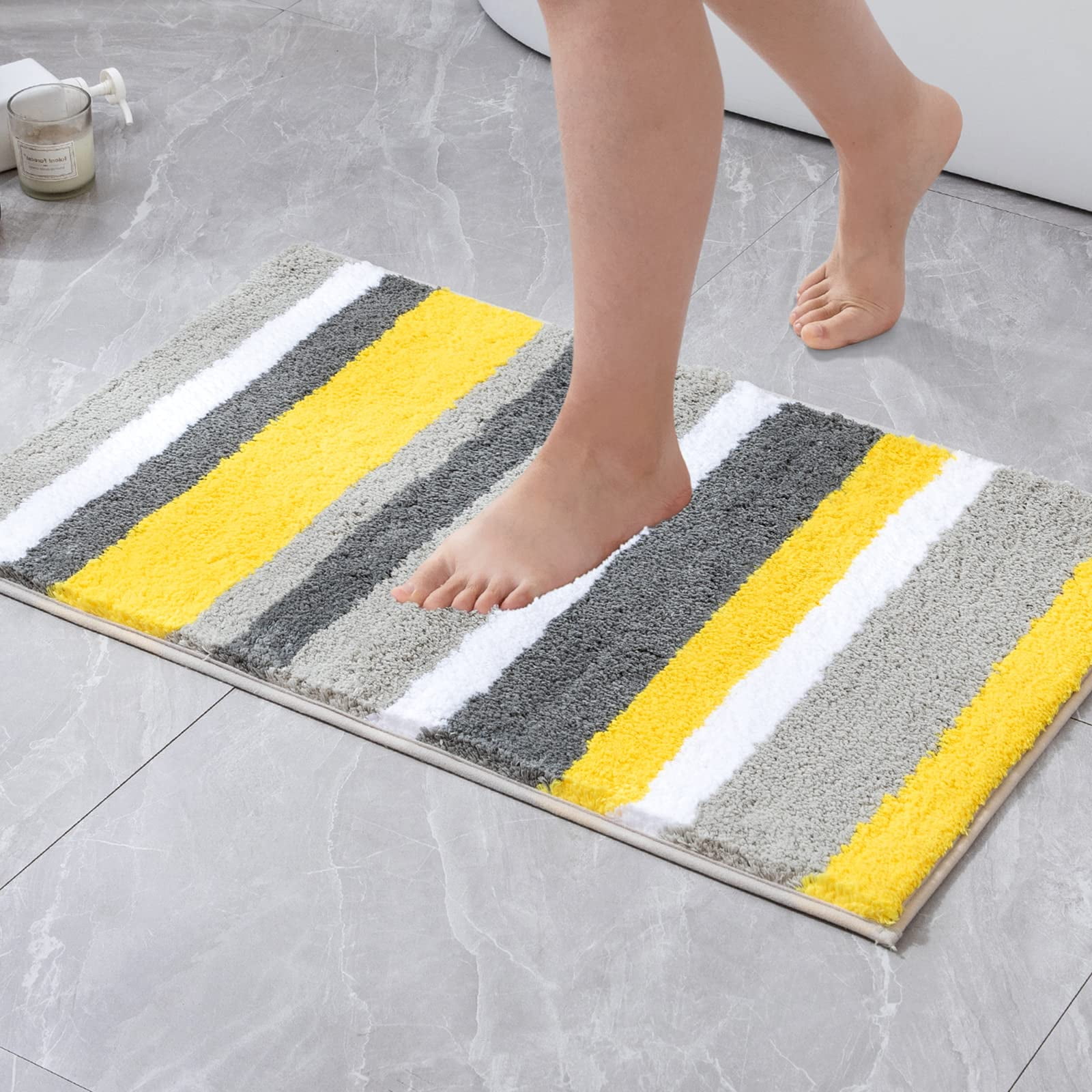 qtess Fluffy Bathroom Rugs Bath Mats Rugs Microfiber Striped Shower Rug Absorbent, Soft and Plush Machine Washable Non Slip Carpet Quick Dry for Bathroom Floor Tub, 16x24 Inch, Yellow-Grey