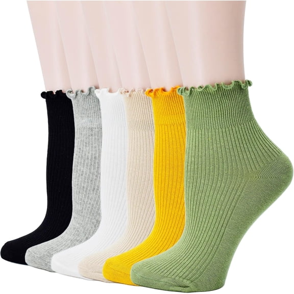 Women's Trim Ruffle Frilly Turn Cuff Socks - Cute Vintage Dress Crew Ankle Boot Socks 6Pairs