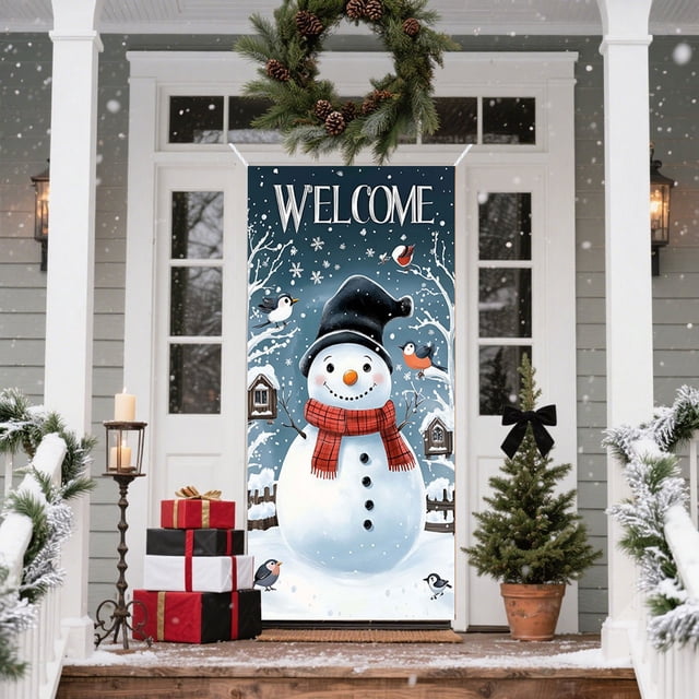 Christmas Door Cover Santa Claus Print Holiday Party Decoration Polyester Fabric Door Hanging for Home Indoor Outdoor Festive Decor