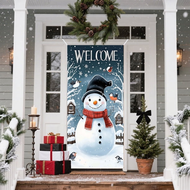 Christmas Door Cover Santa Claus Print Holiday Party Decoration Polyester Fabric Door Hanging for Home Indoor Outdoor Festive Decor