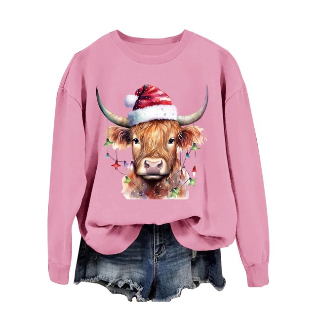 Chandail en Molleton Décontracté à Manches Longues pour Femmes, Imprimé Vache Western de Noël