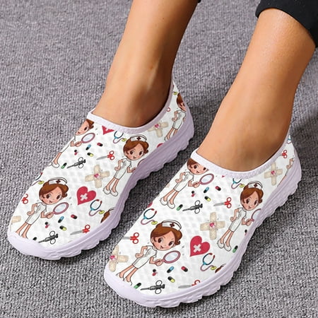White Flats Women Nurse Cute Cartoon Nurse Women Sneakers Comfortable Breathable Loafers Casual Mesh Walking Shoes