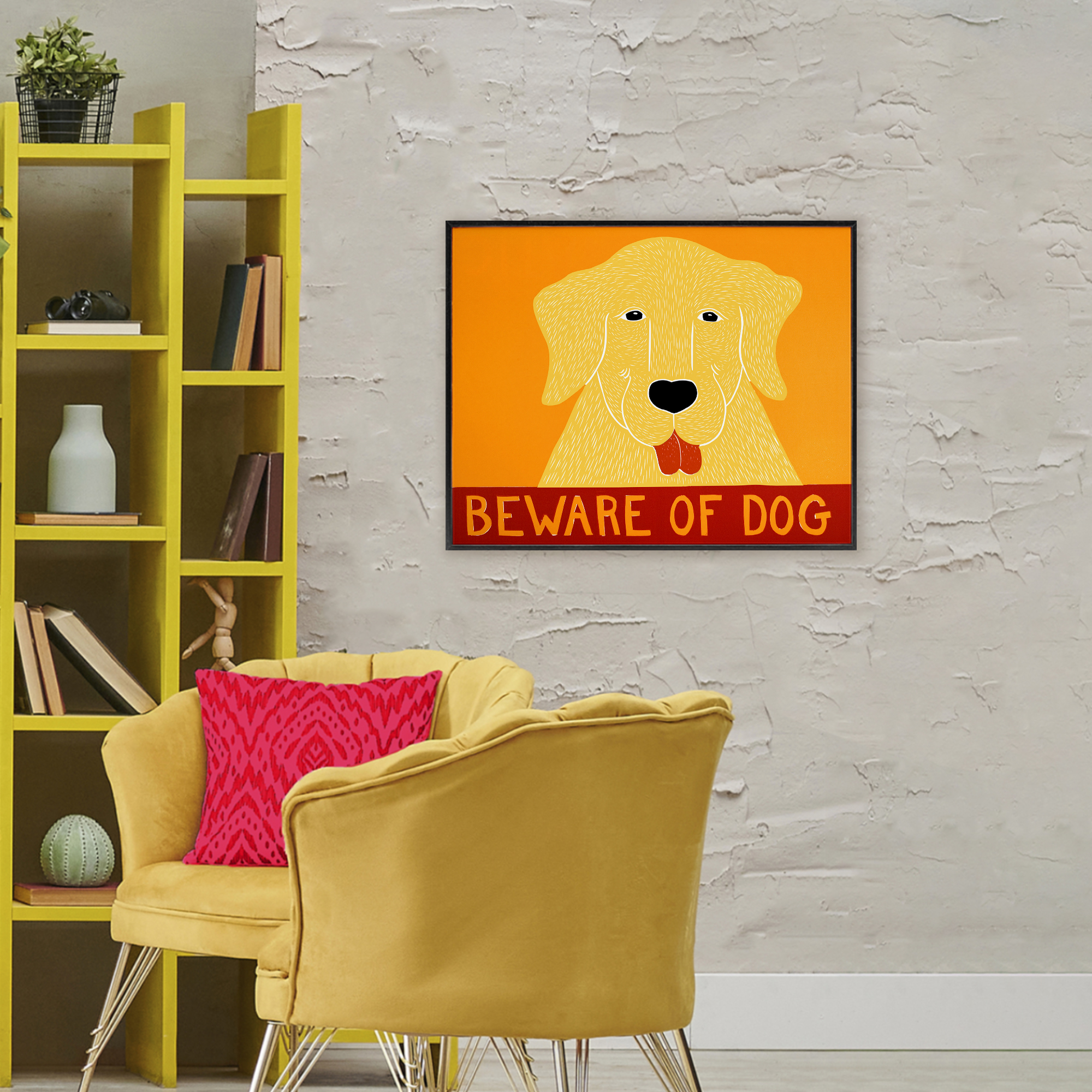 Beware Of Dog Yellow & Red Black Framed Giclee Art, design by Stephen Huneck