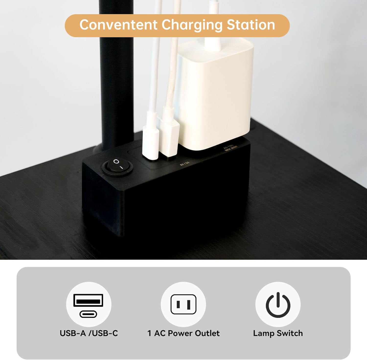Floor  with Table, Narrow Side Table with USB Charging and AC Port, 3 Color Temperatures LED Light, Black