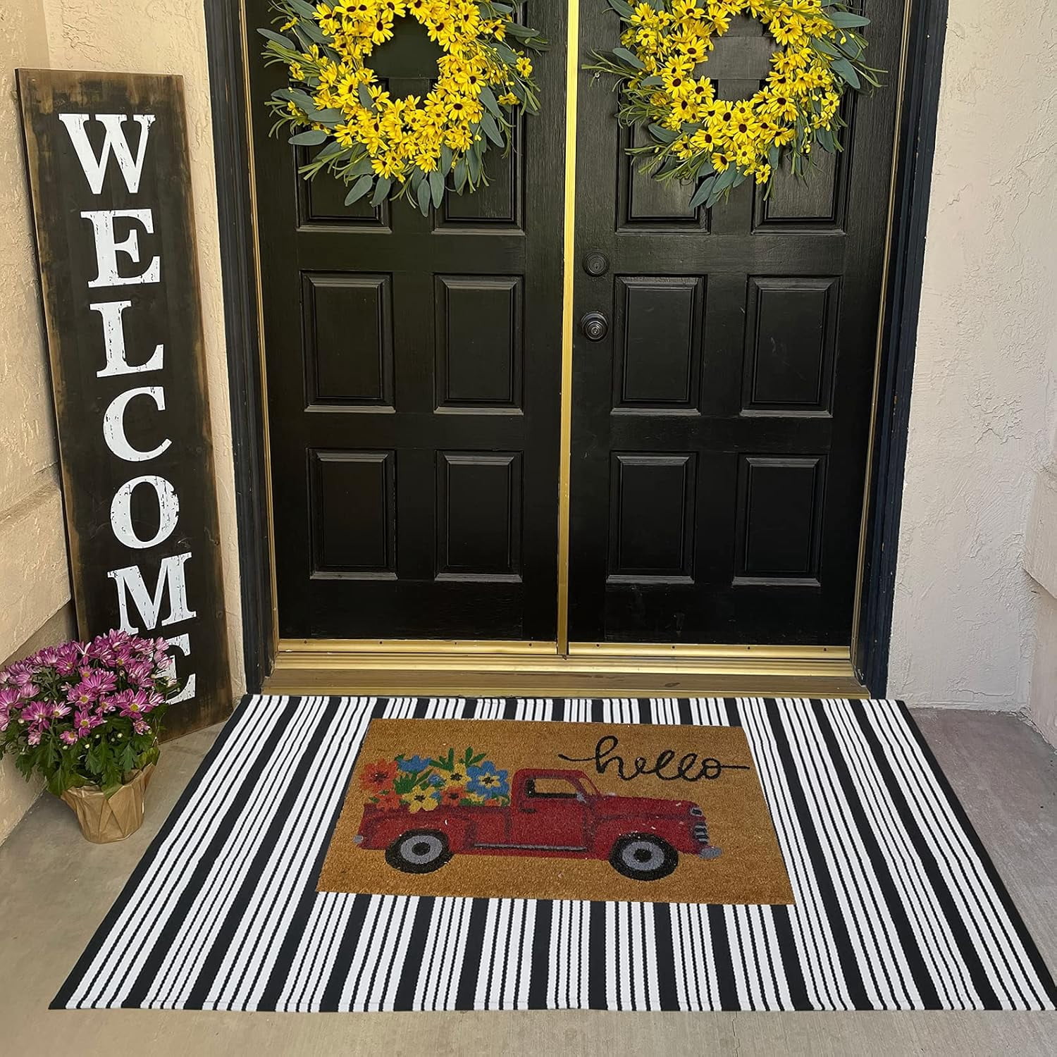 Black and White Striped Outdoor Rug Front Porch Rug 35.4'' x 59'' Front Door Mat Cotton Hand-Woven Reversible Mats for Outdoor,Entryway,Laundry Room,Farmhouse,Kitchen
