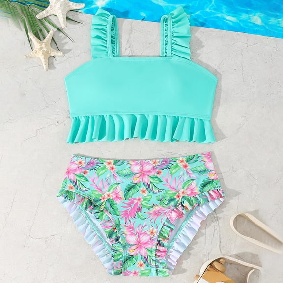 Girls Swimsuit Girl's Floral Print Two Piece Tankini Set for Youth Toddler Bathing Suit Girl Green 10-11 Years