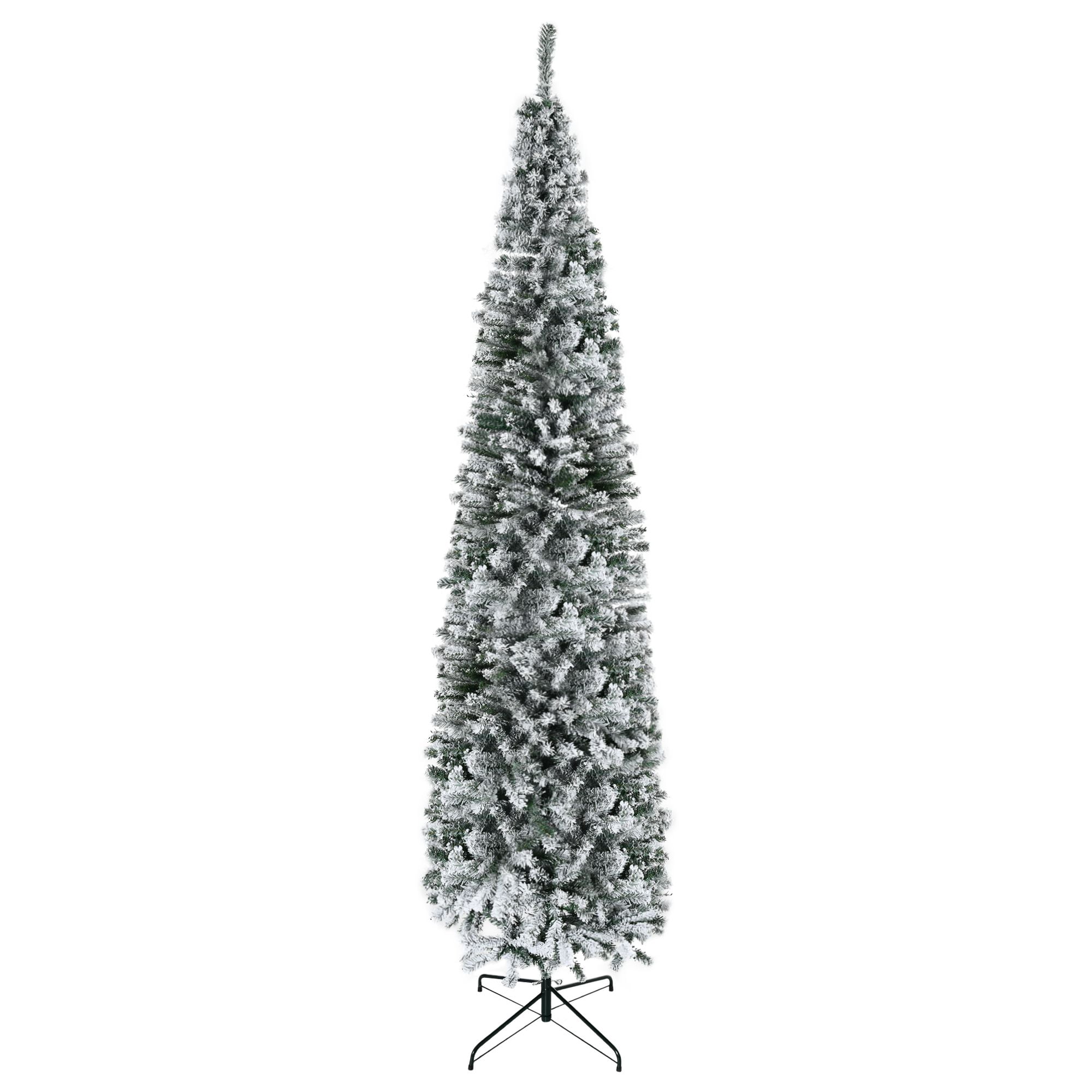 9 ft Flocked Artificial Christmas Tree, Slim Unlit Pine with 1014 Tips, Hinged PVC, Indoor Holiday Decoration