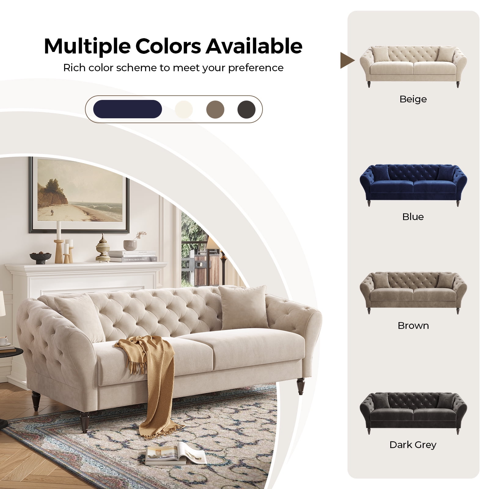 COPIAE 82 Inch Chesterfield loveseat Sofa,Tuxedo Arms Modern Couch Sturdy and Easy Installation, Small Sofa for Living Room Bedroom Office and Apartment,Velvet Fabric Beige
