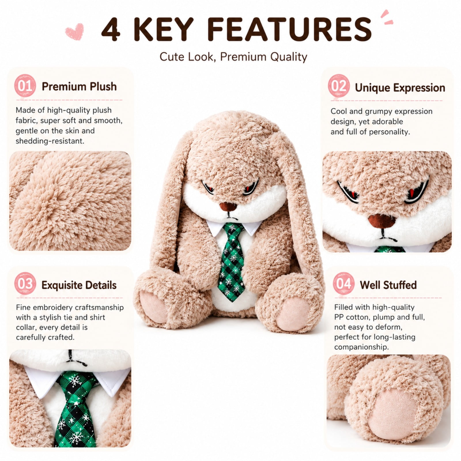 Long Ear Bunny Plush Toy with Tie Soft Stuffed Rabbit Doll Cute Gift Plushie