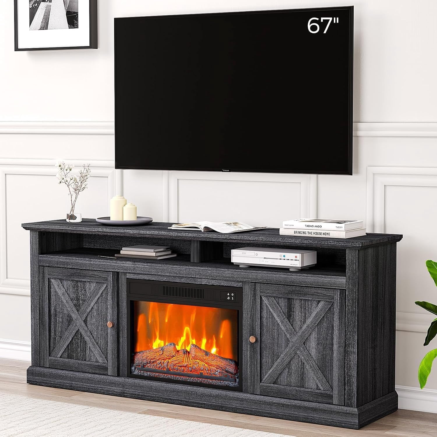 SEI Grantham Electric Fireplace - Faux Stone Corner Media Console, Ebony Finish, Remote Control, 1500W Heater