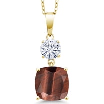 Gem Stone King 18K Yellow Gold Plated Silver Red Tiger Eye and White Moissanite Pendant Necklace for Women (4.30 Cttw, Gemstone Birthstone, Cushion 10MM, Round 6MM)