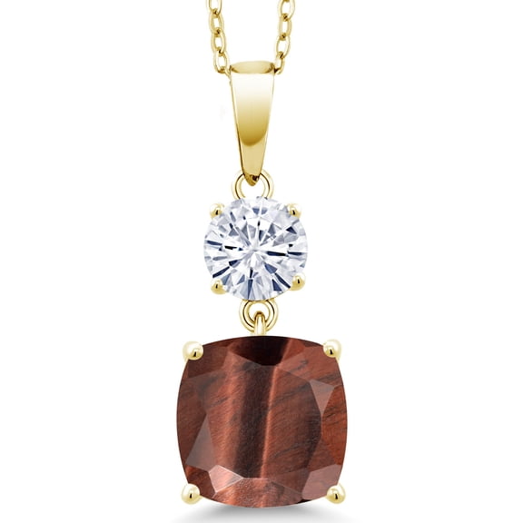 Gem Stone King 18K Yellow Gold Plated Silver Red Tiger Eye and White Moissanite Pendant Necklace for Women (4.30 Cttw, Gemstone Birthstone, Cushion 10MM, Round 6MM)