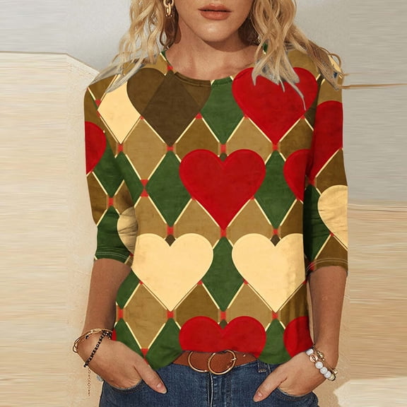 Craaazy Women's Casual Heart Prints Crewneck 3/4 Sleeve Loose Valentine Shirts for Her Gifts