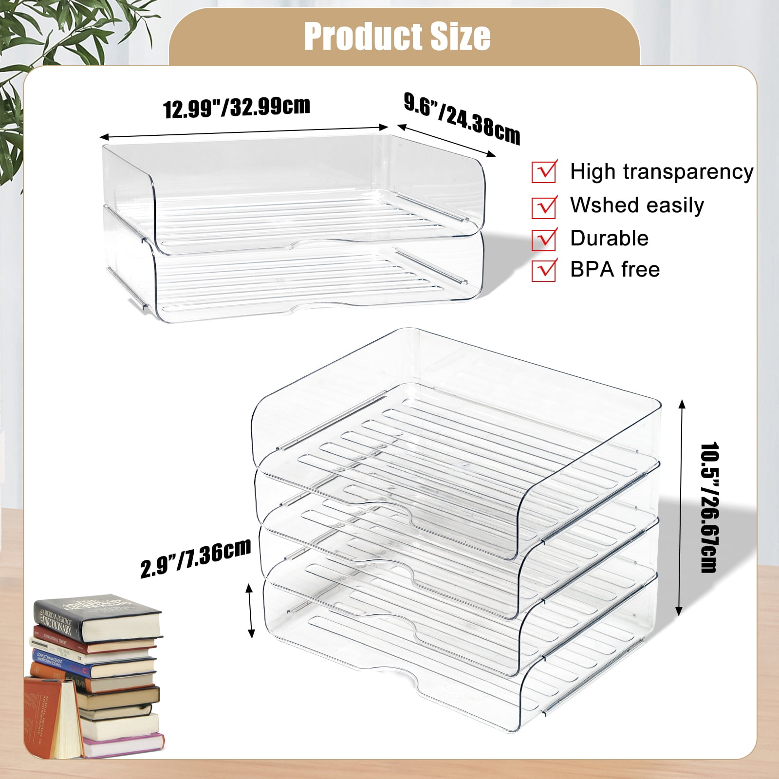 Clear Stackable Paper Trays 4 Pack, Desktop Racks with 4 File Bags, PET Clear Desk Letter Tray Set, Stackable Desk Organizer for Books, Magazines, Folders, A4 Size File Paper, Notes, Pens -Clear