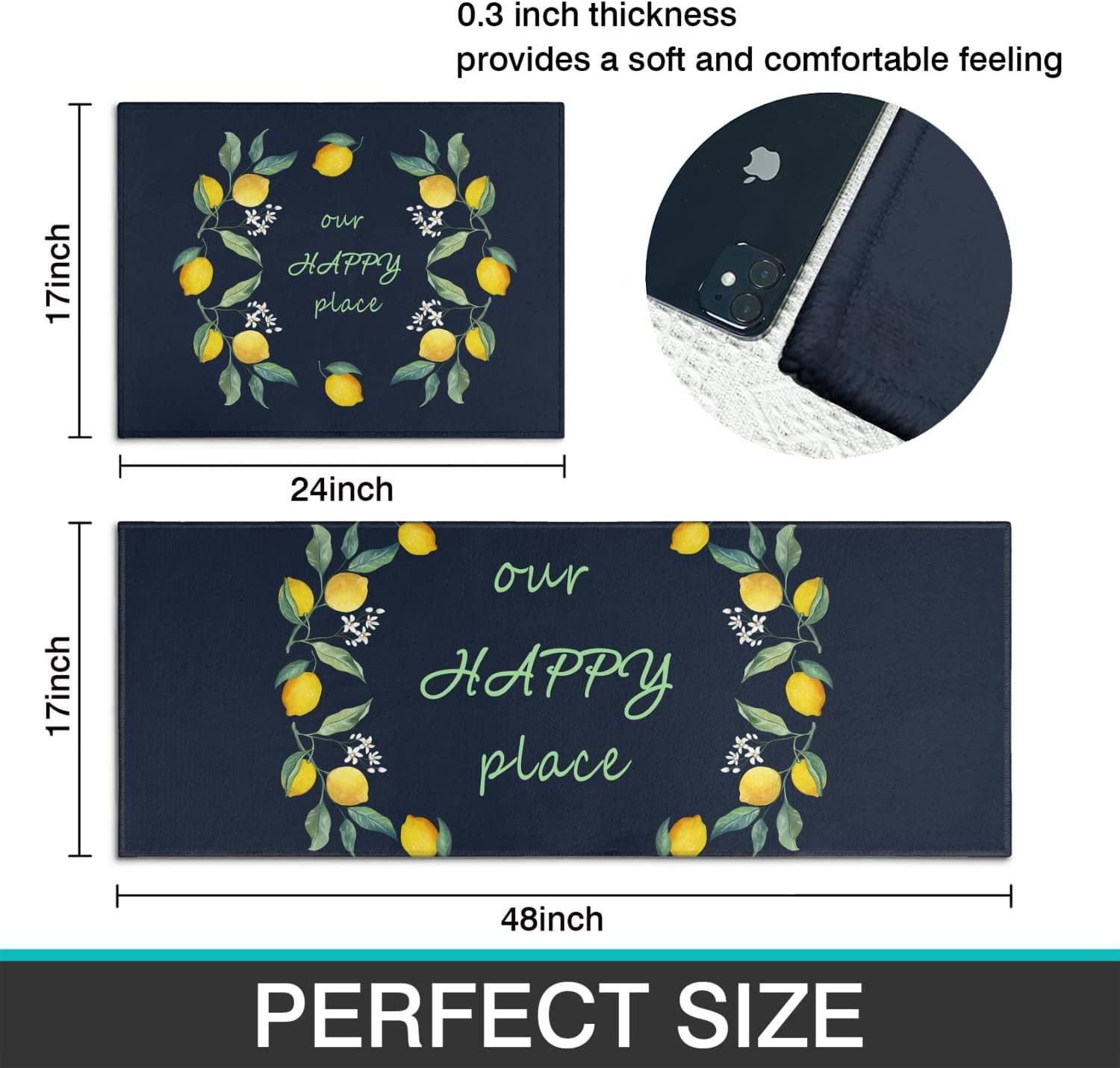 Xsinufn Lemon Kitchen Rugs Set 2 Piece Colorful Spring/Summer Lemon Floral Leaves Decorative Rugs for Kitchen Low-Profile Floor Mats Decorations for Home Kitchen (17"x48"+17"x24" Navy Blue Rugs)