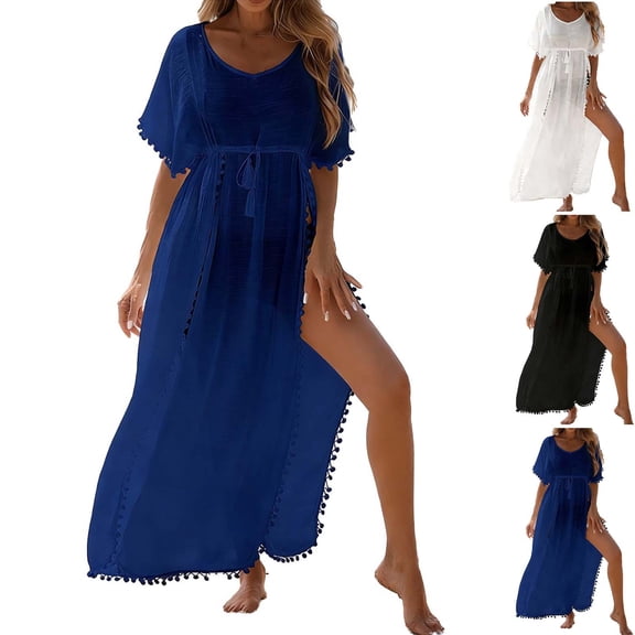 Frostluinai Beach Coverup Women Bathing Suit Tie Front Long Coverups Tassel Trim Belted Midi Dress Kimonos Swimsuit Resort Wear Vacation Outfits