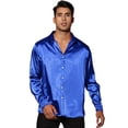 thumbnail image 1 of Vestido de hombre Satén con cuello en V Mangas largas Botones Slim Fit Camisas de fiesta de graduaciónAzul XX-Large, 1 of 6