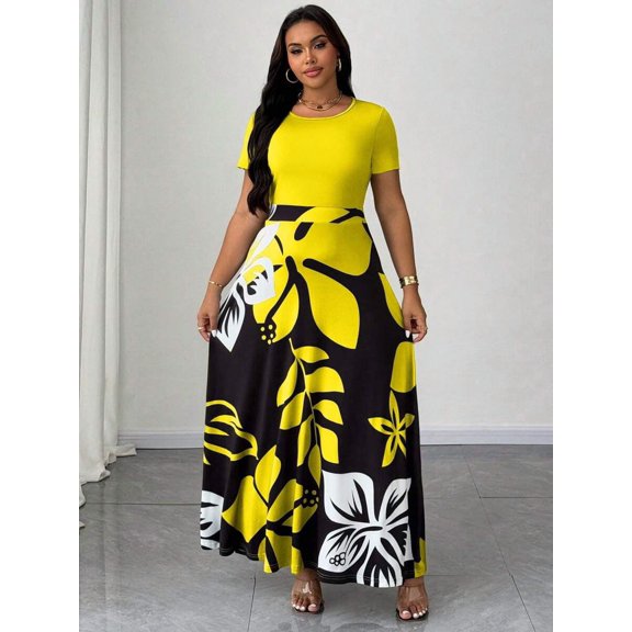 Yellow Plus Size Women Botanical Print Round Neck Short Sleeve Maxi Dress Holiday Style